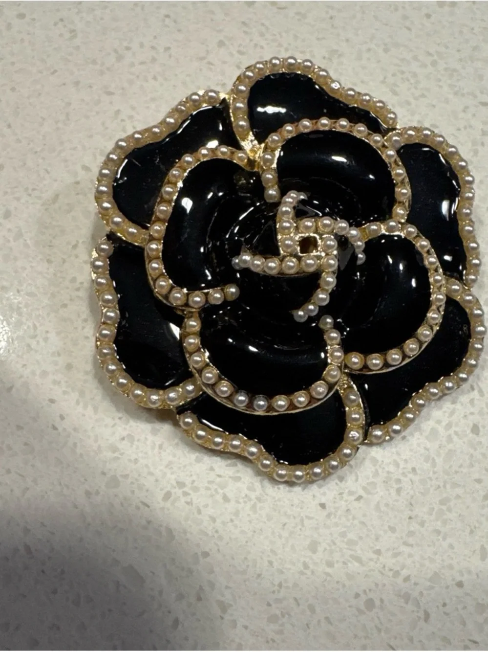 Women's Black Enamel Flower Brooch with Faux Pearls - Elegant Gold Trim